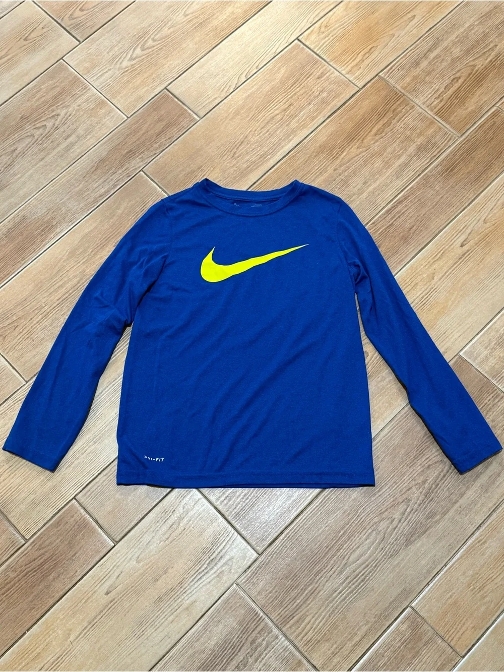 Nike Blue Long-Sleeve Dri-Fit Tee with Yellow Swoosh